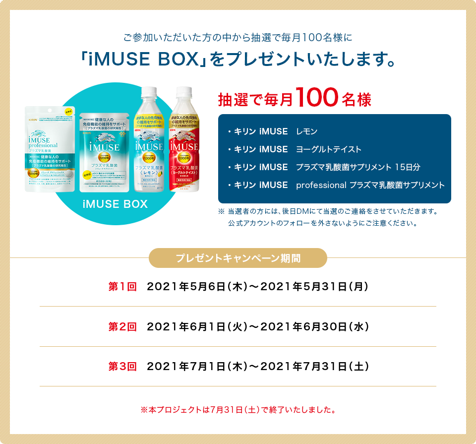 ご参加いただいた方の中から抽選で毎月100名様に「iMUSE BOX」をプレゼントいたします。※ 当選者の方には、後日DMにて当選のご連絡をさせていただきます。公式アカウントのフォローを外さないようにご注意ください。プレゼントキャンペーン期間：第1回 2021年5月6日（木）～2021年5月31日（月） 第2回 2021年6月1日（火）～2021年6月30日（水） 第3回 2021年7月1日（木）～2021年7月31日（土）